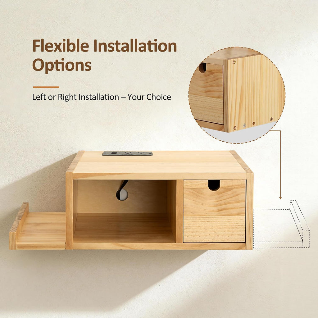Pine Floating Nightstand With Charging Station
