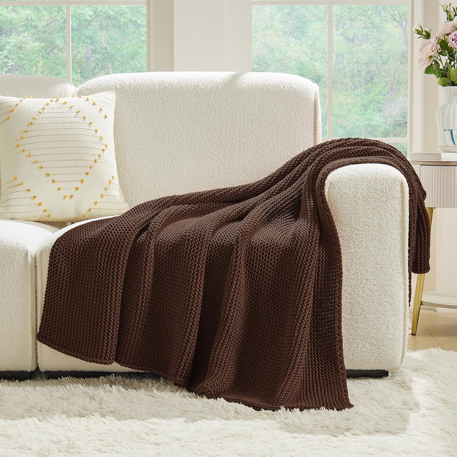 Brown Textured Knit Decor Throw Blanket