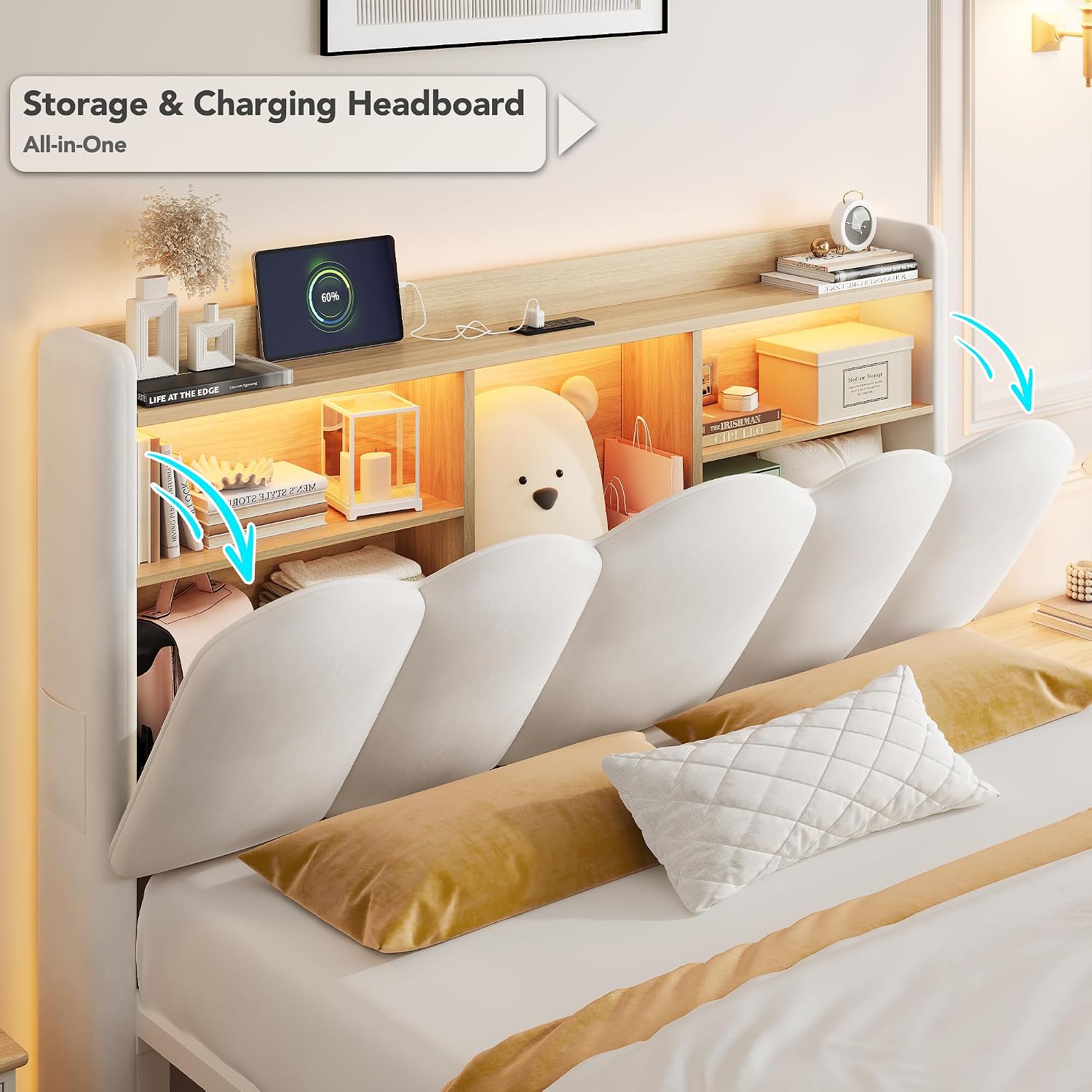 White Velvet LED Storage Full Bed Frame