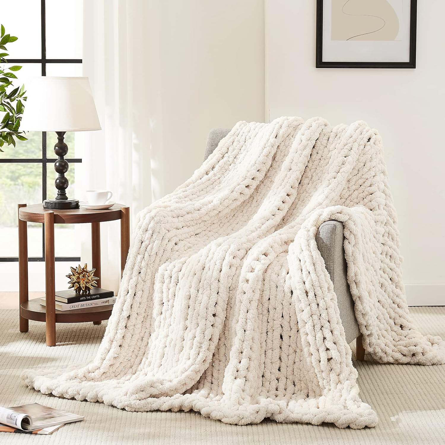 Ivory Handmade Chunky Chenille Throw Blanket