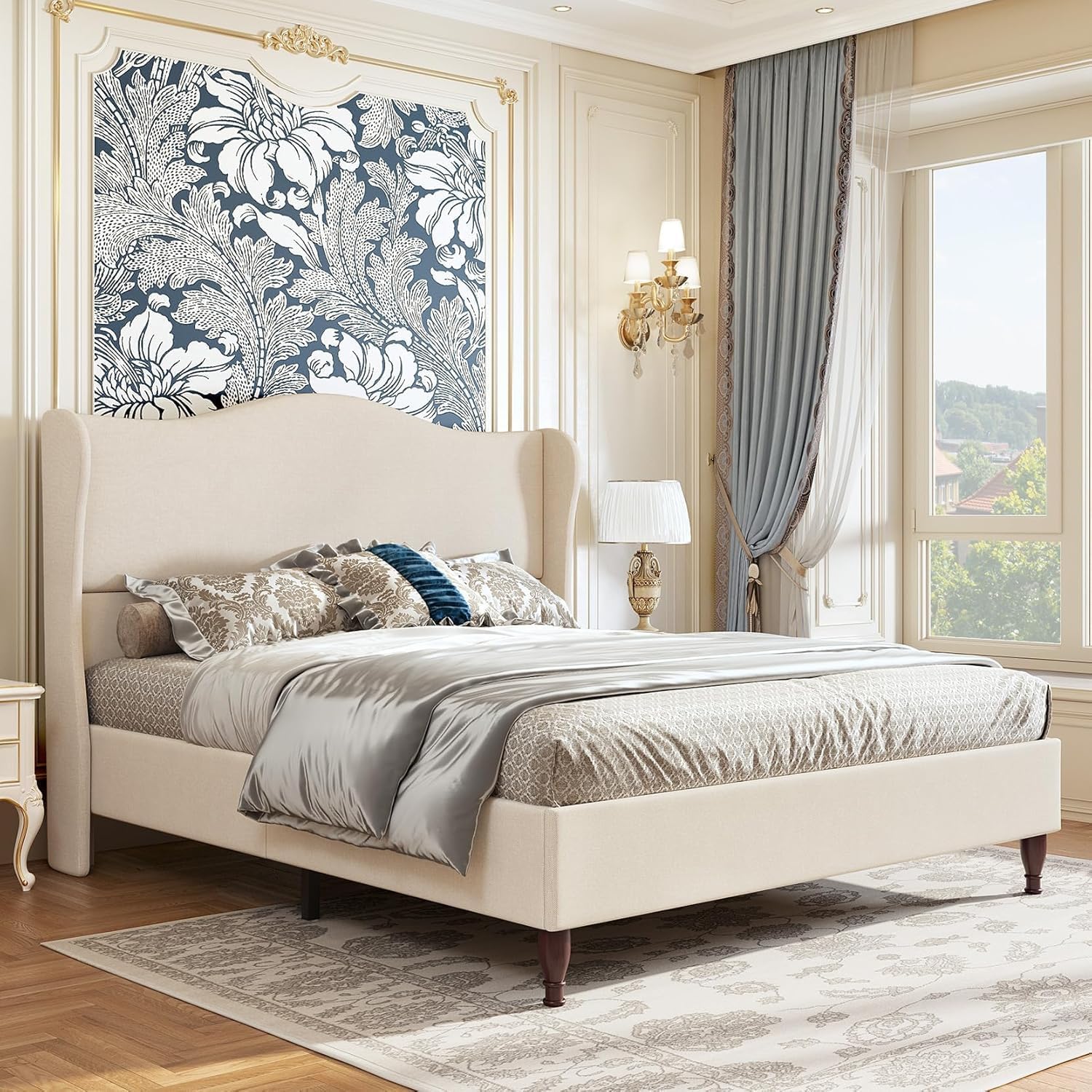 Beige Wingback Tall Queen Bed Frame
