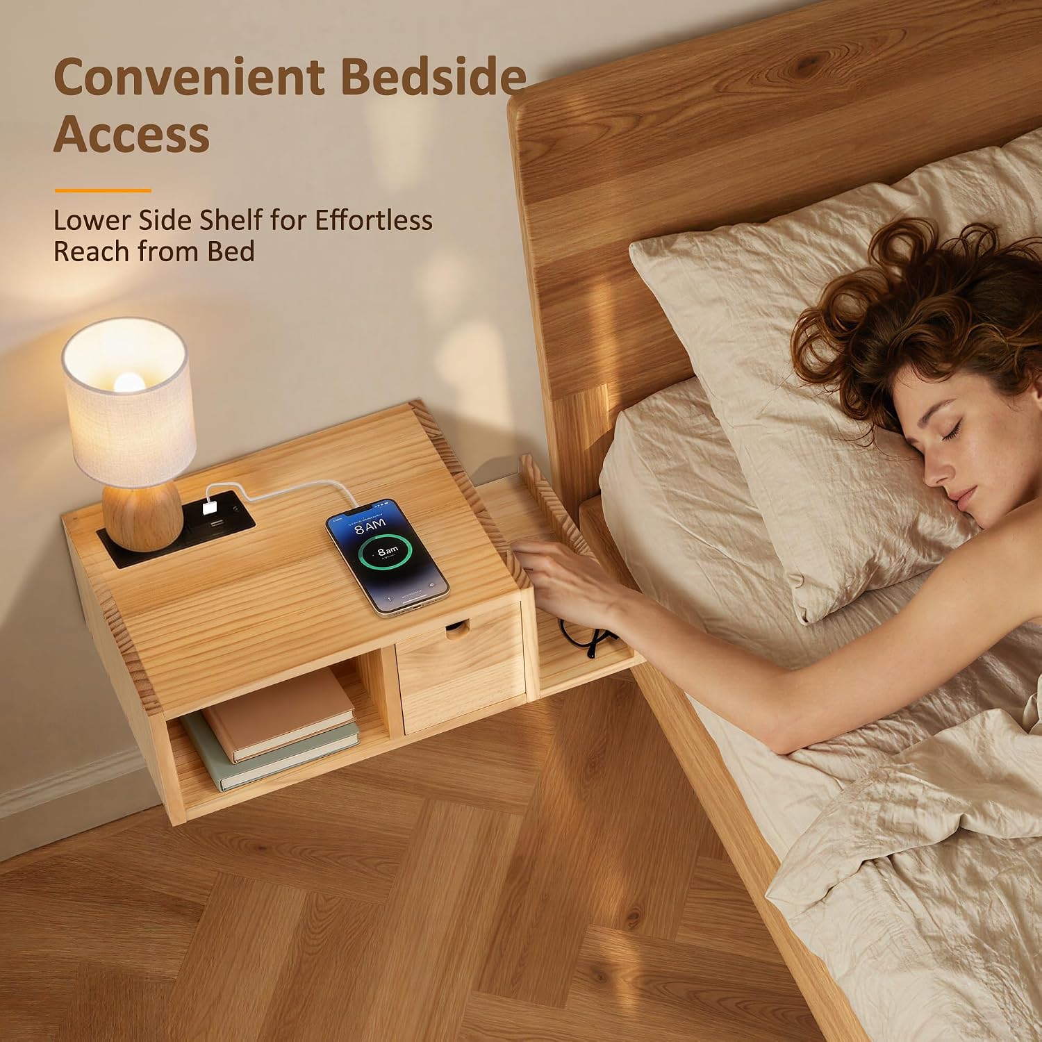 Pine Floating Nightstand With Charging Station