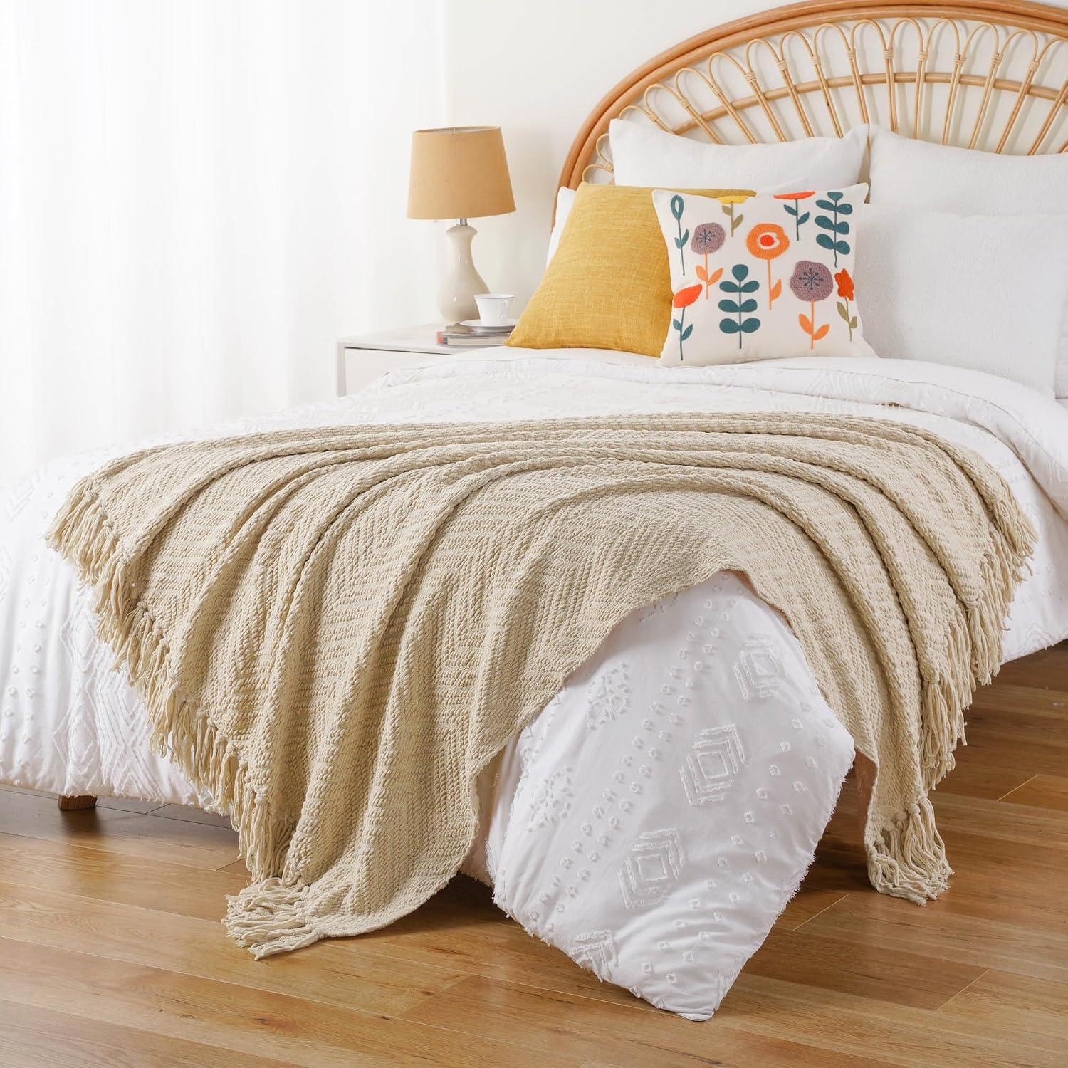 Beige Neutral Knit Decor Throw Blanket