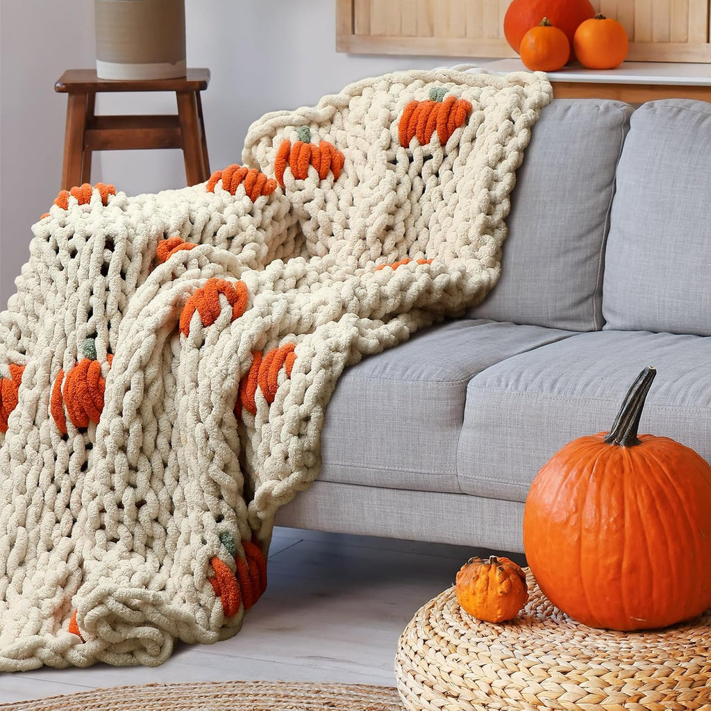 Beige Pumpkin Chenille Knit Throw Blanket