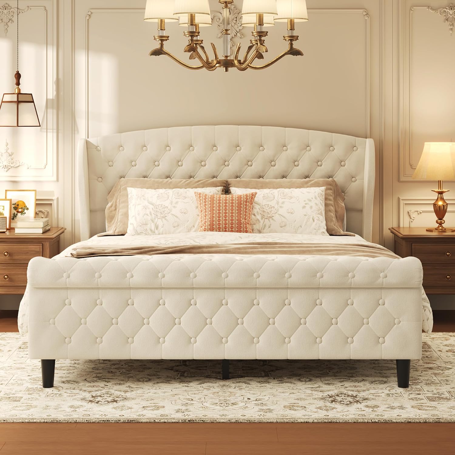 Beige Velvet Wingback Queen Sleigh Bed Frame