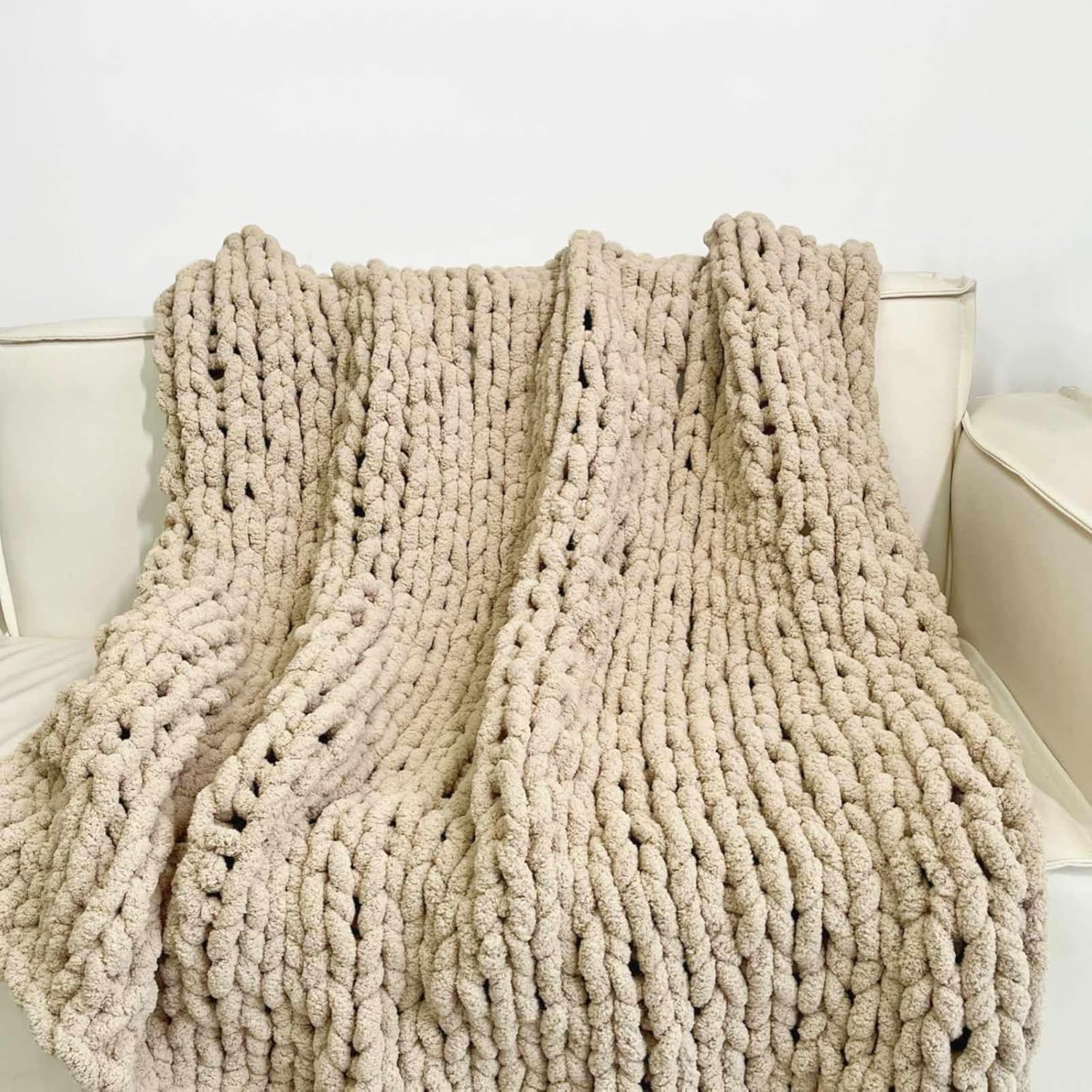 Tan Jumbo Chenille Chunky Knit Throw Blanket