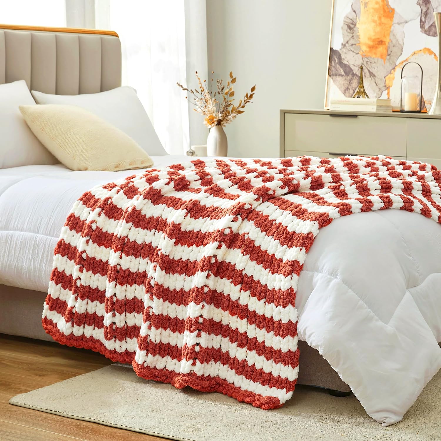 Striped Chunky Chenille Knit Throw Blanket
