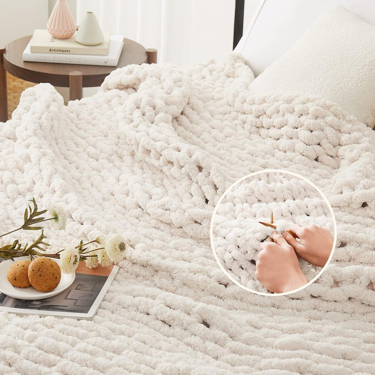 Ivory Handmade Chunky Chenille Throw Blanket