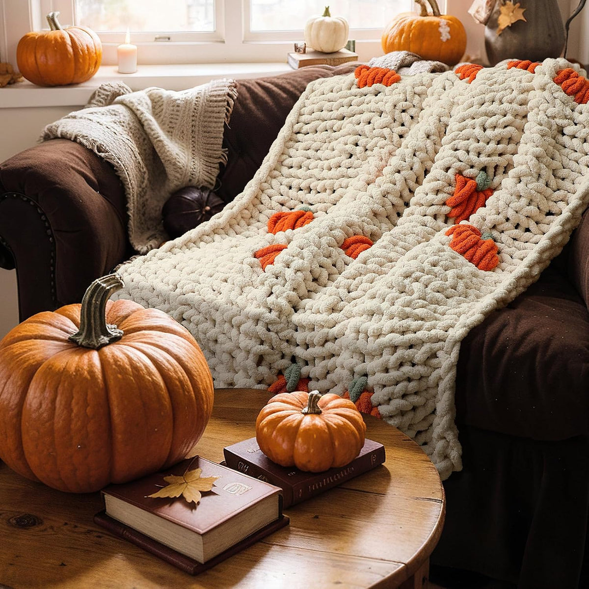 Beige Pumpkin Chenille Knit Throw Blanket
