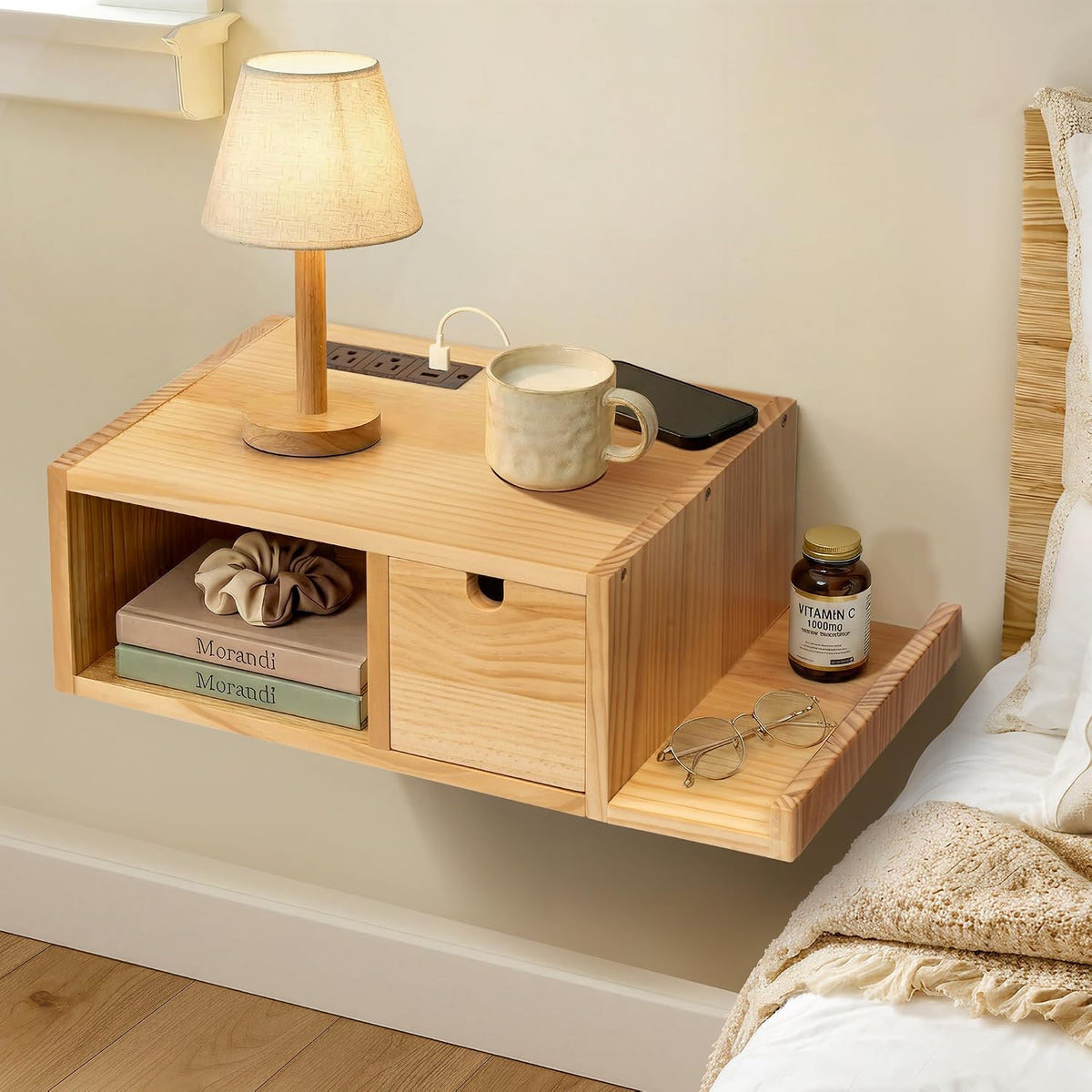 Pine Floating Nightstand With Charging Station