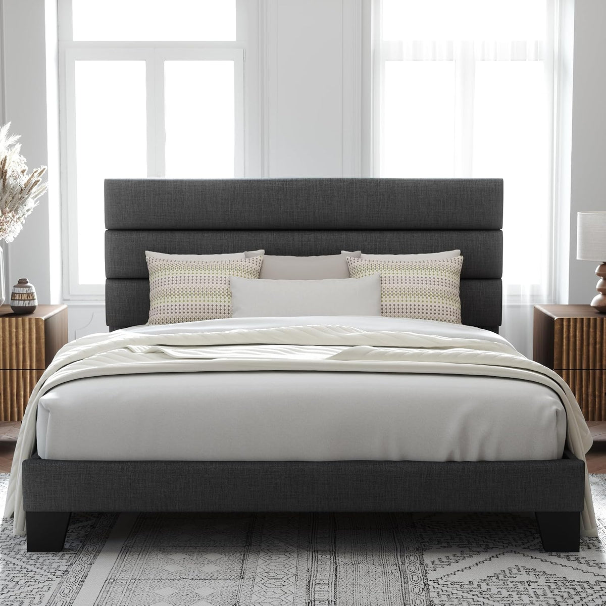 Dark Grey King Upholstered Platform Bed Frame