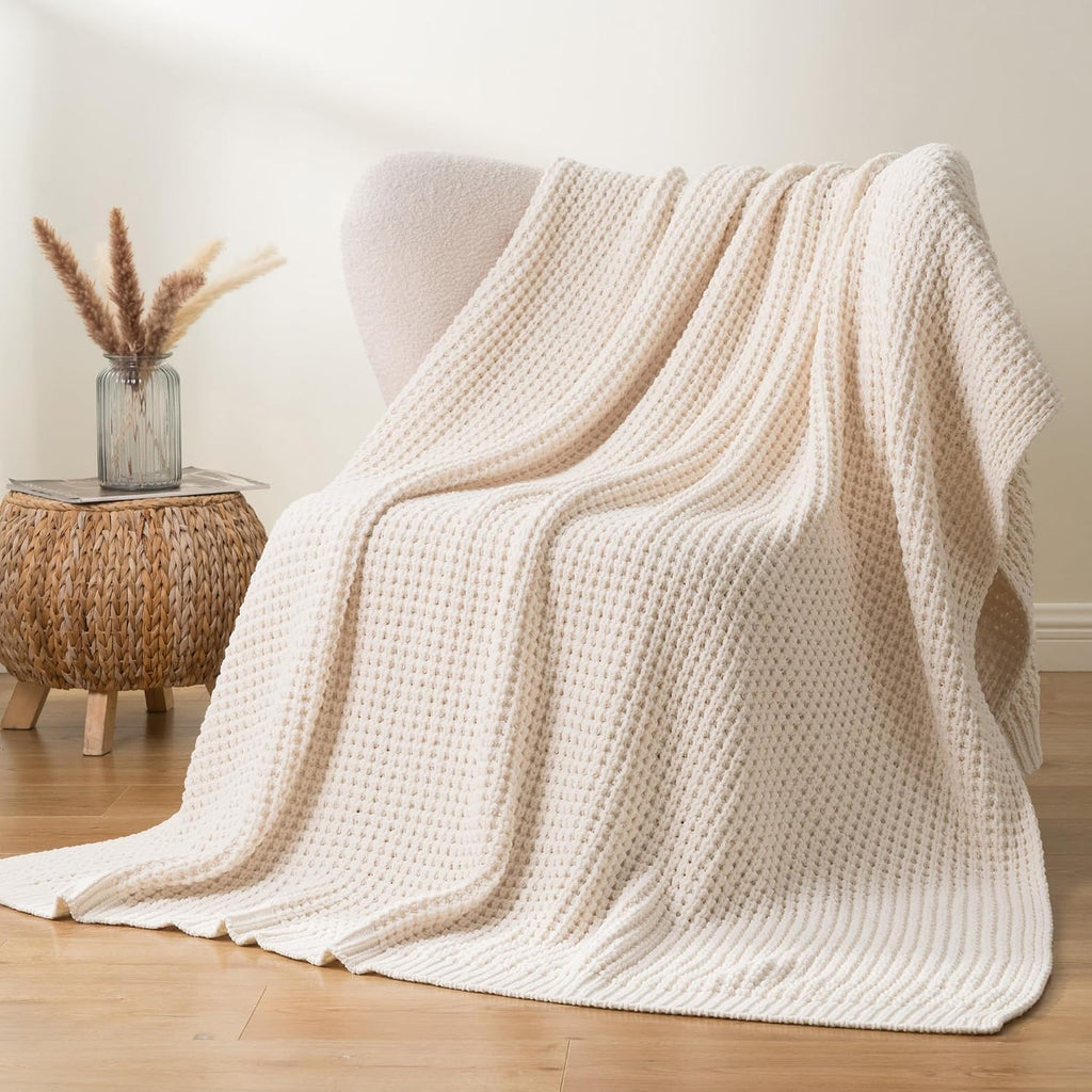Cream Waffle Knit Chenille Throw Blanket