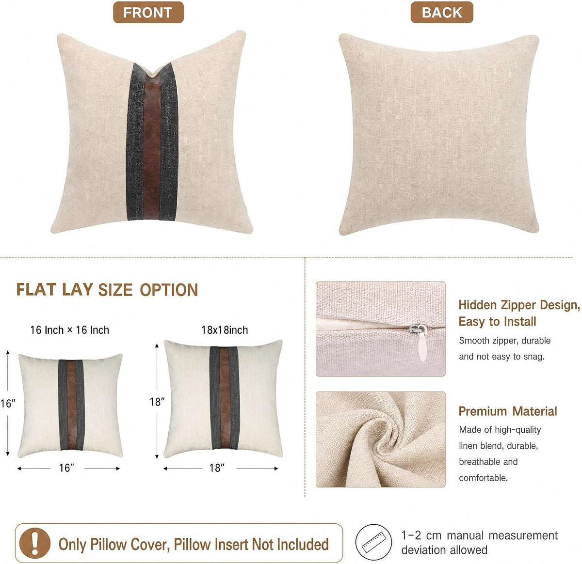 Faux Leather Linen Pillow Covers Set of 2