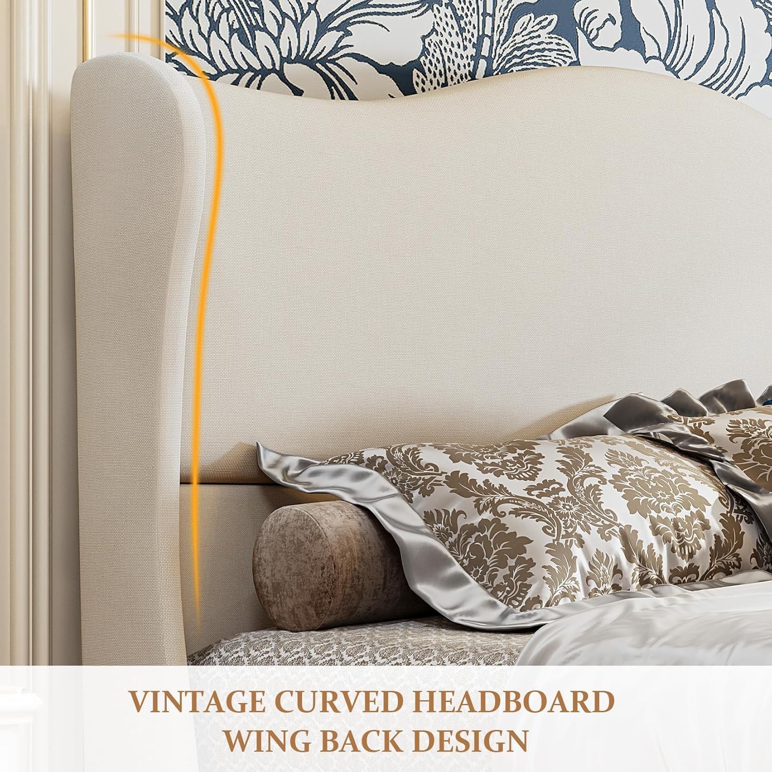 Beige Wingback Tall Queen Bed Frame