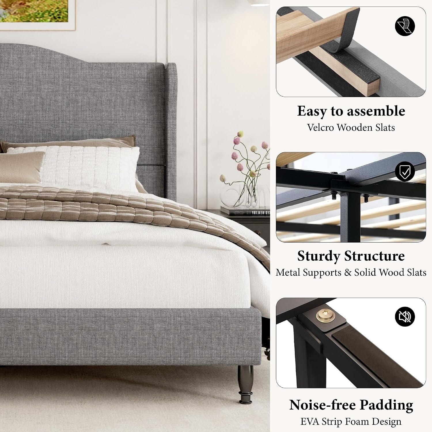 Light Grey Tufted Queen Upholstered Bed Frame