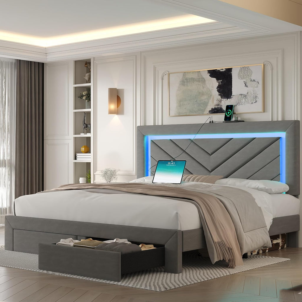 Grey LED Storage Full Upholstered Bed Frame