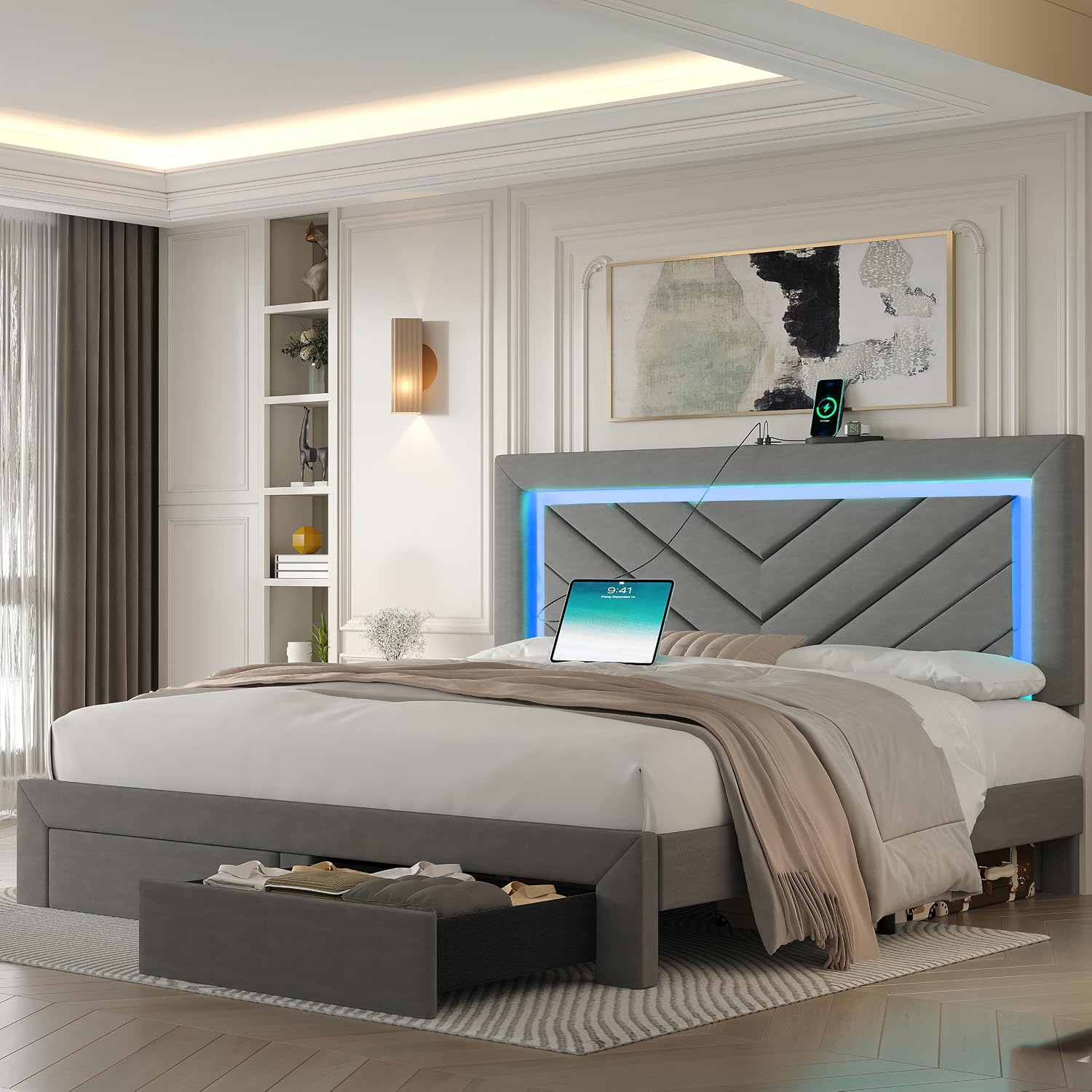 Grey LED Storage Full Upholstered Bed Frame