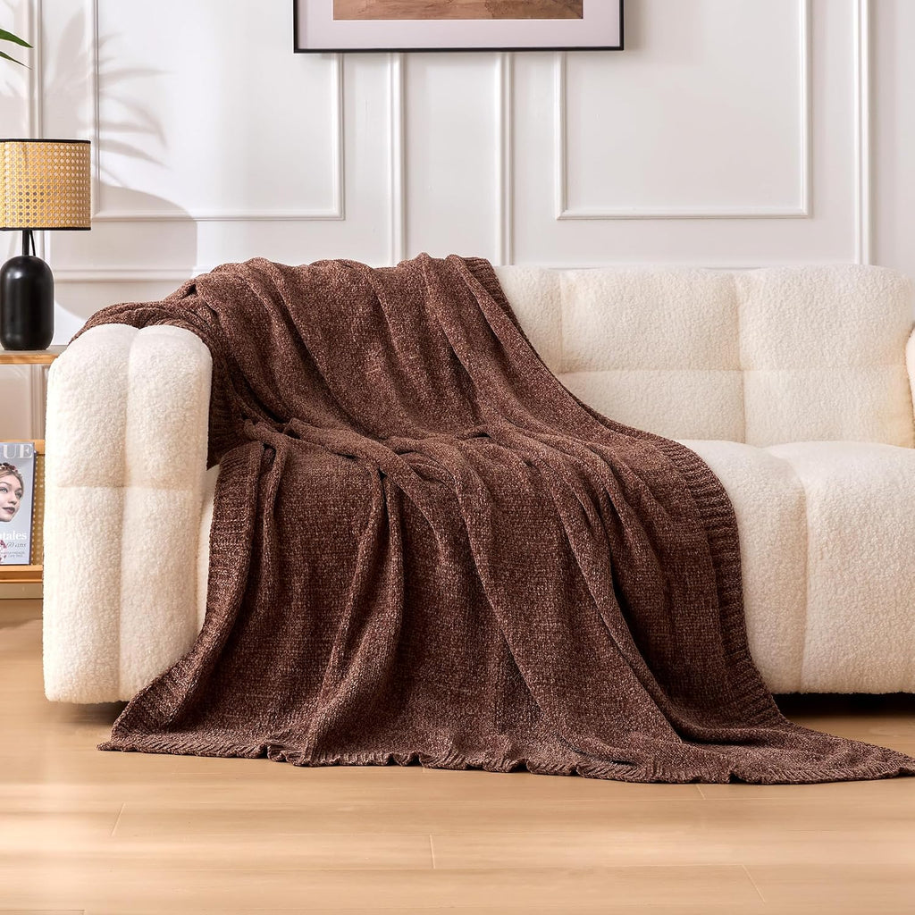 Brown Chunky Chenille Knit Throw Blanket