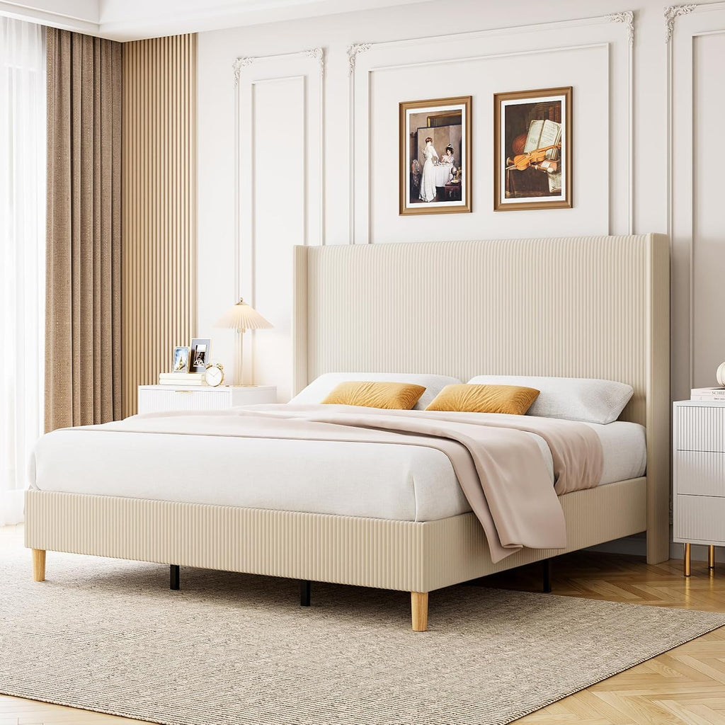 Cream Corduroy Tufted Full Bed Frame