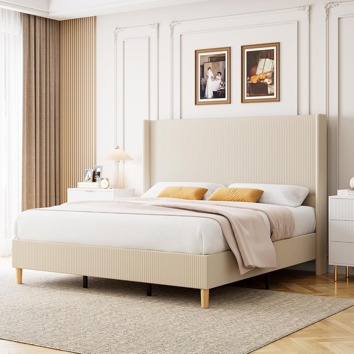 Cream Corduroy Tufted Full Bed Frame