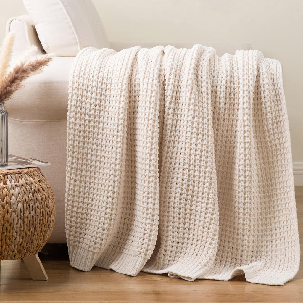 Cream Waffle Knit Chenille Throw Blanket