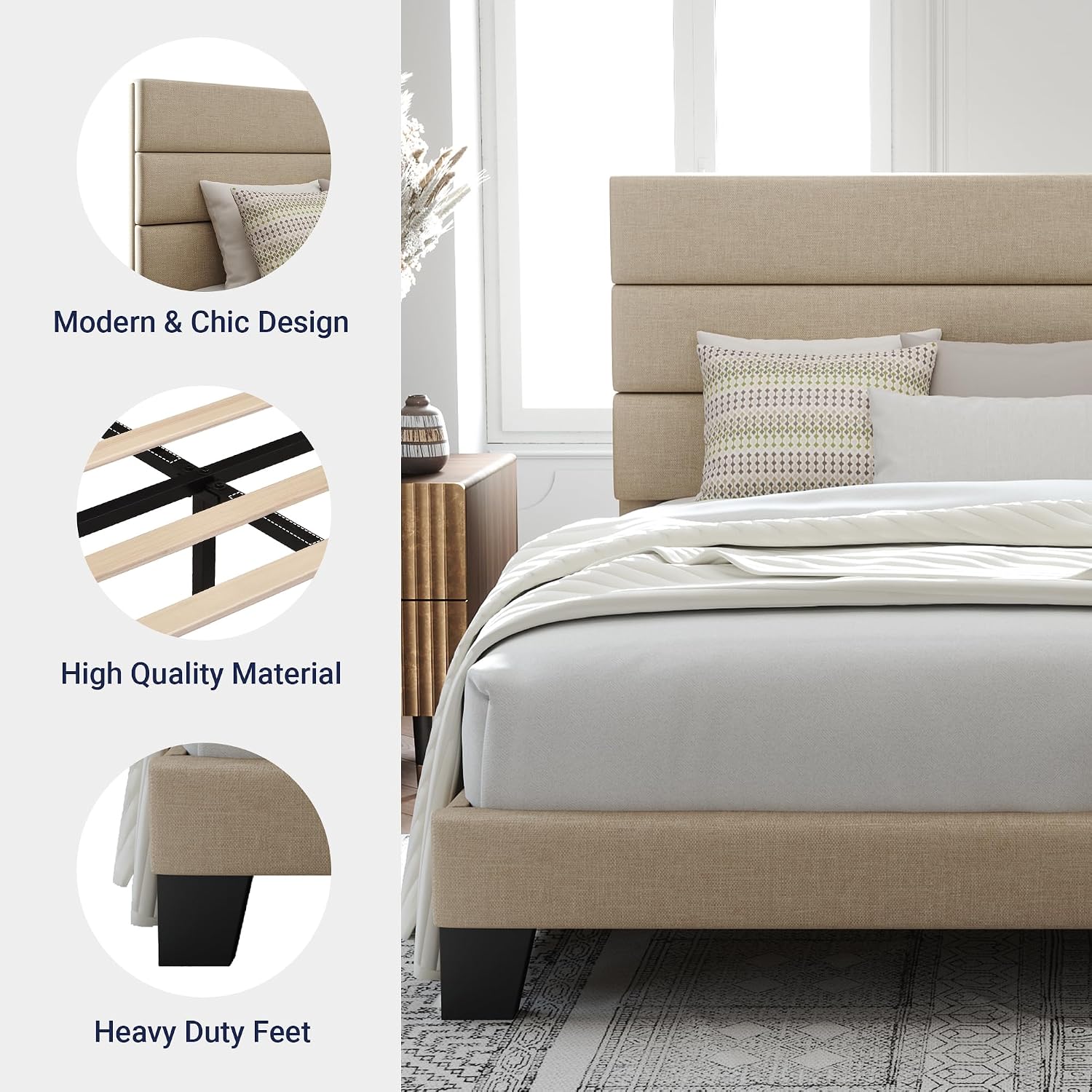 Beige Fabric King Upholstered Bed Frame