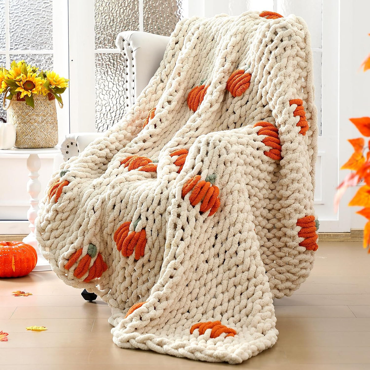 Beige Pumpkin Chenille Knit Throw Blanket