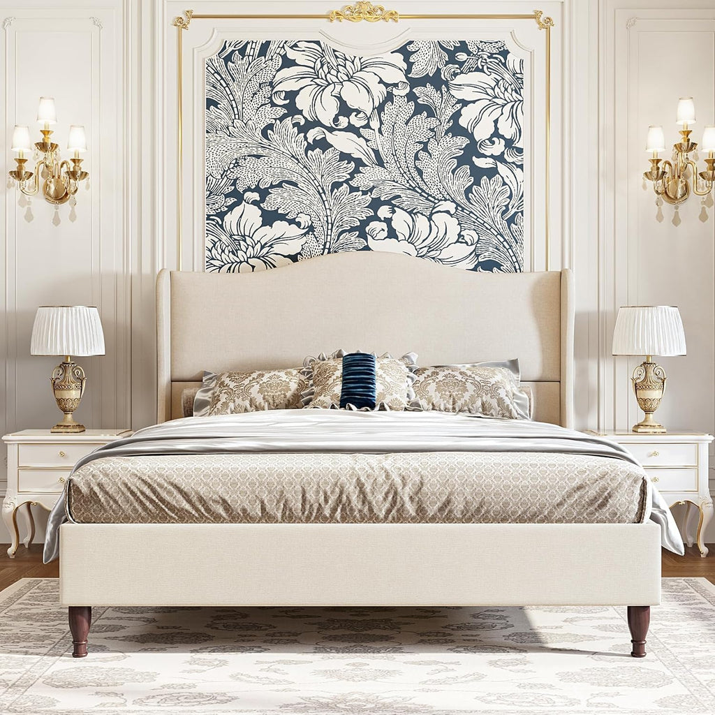 Beige Wingback Tall Queen Bed Frame