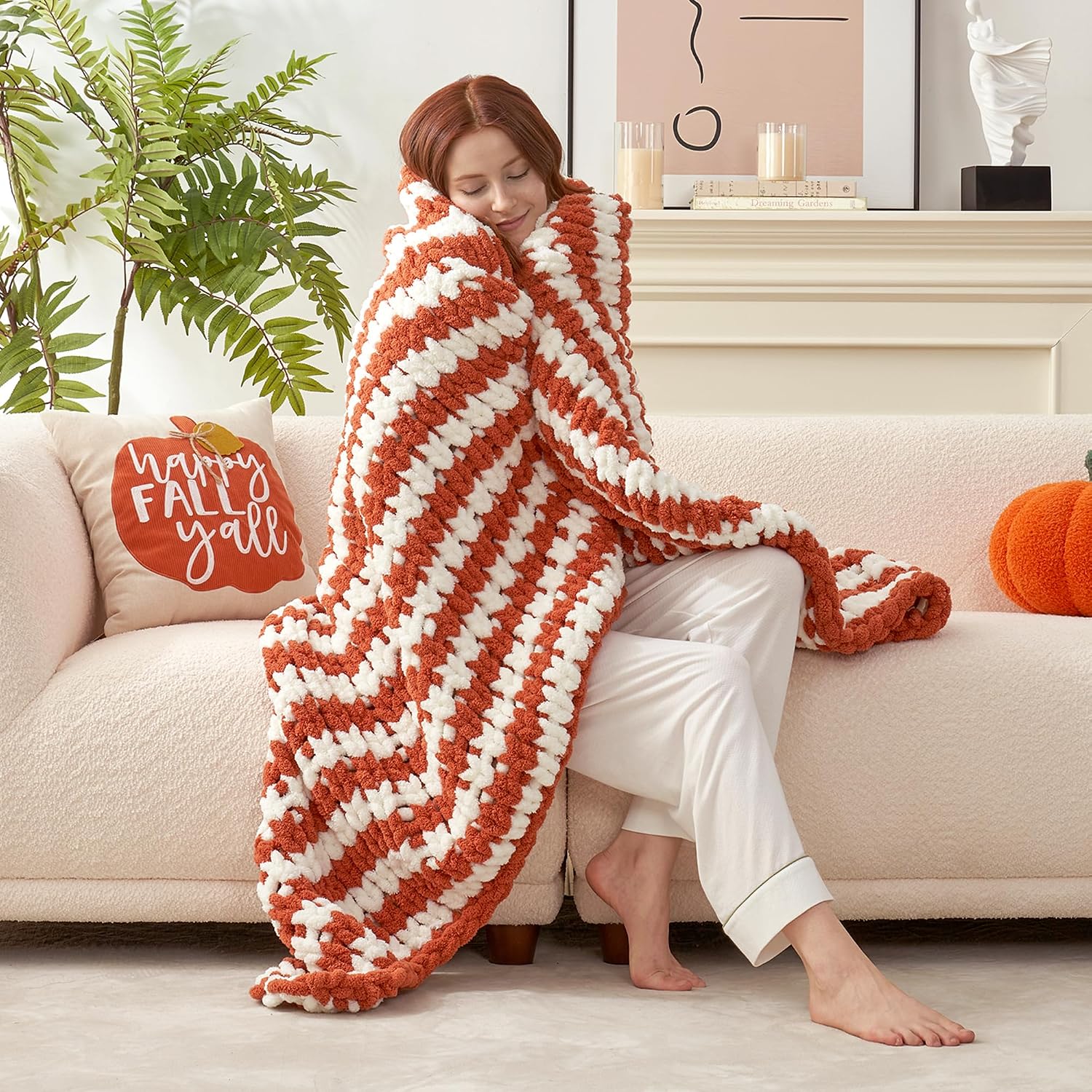 Striped Chunky Chenille Knit Throw Blanket