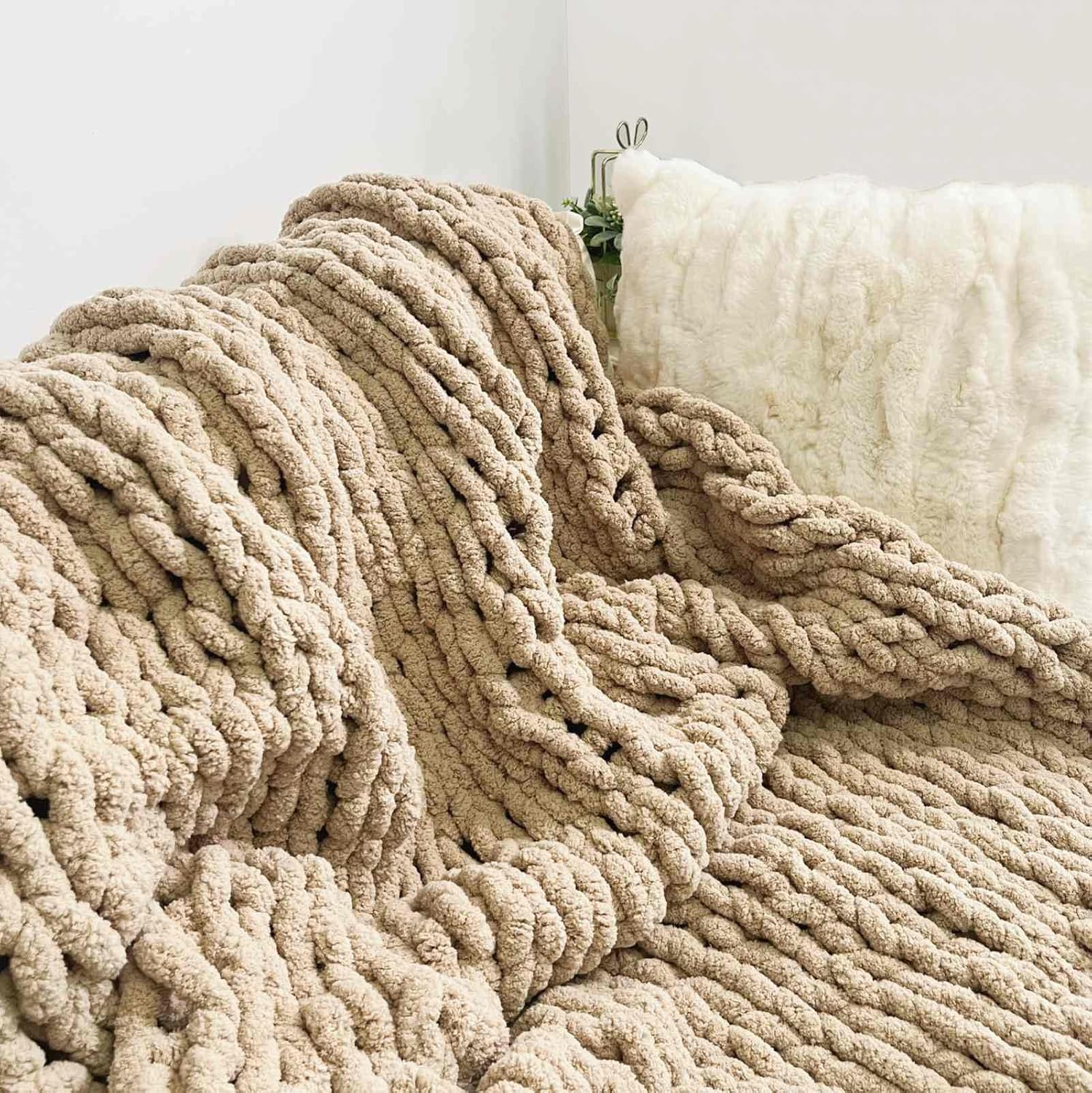 Tan Jumbo Chenille Chunky Knit Throw Blanket