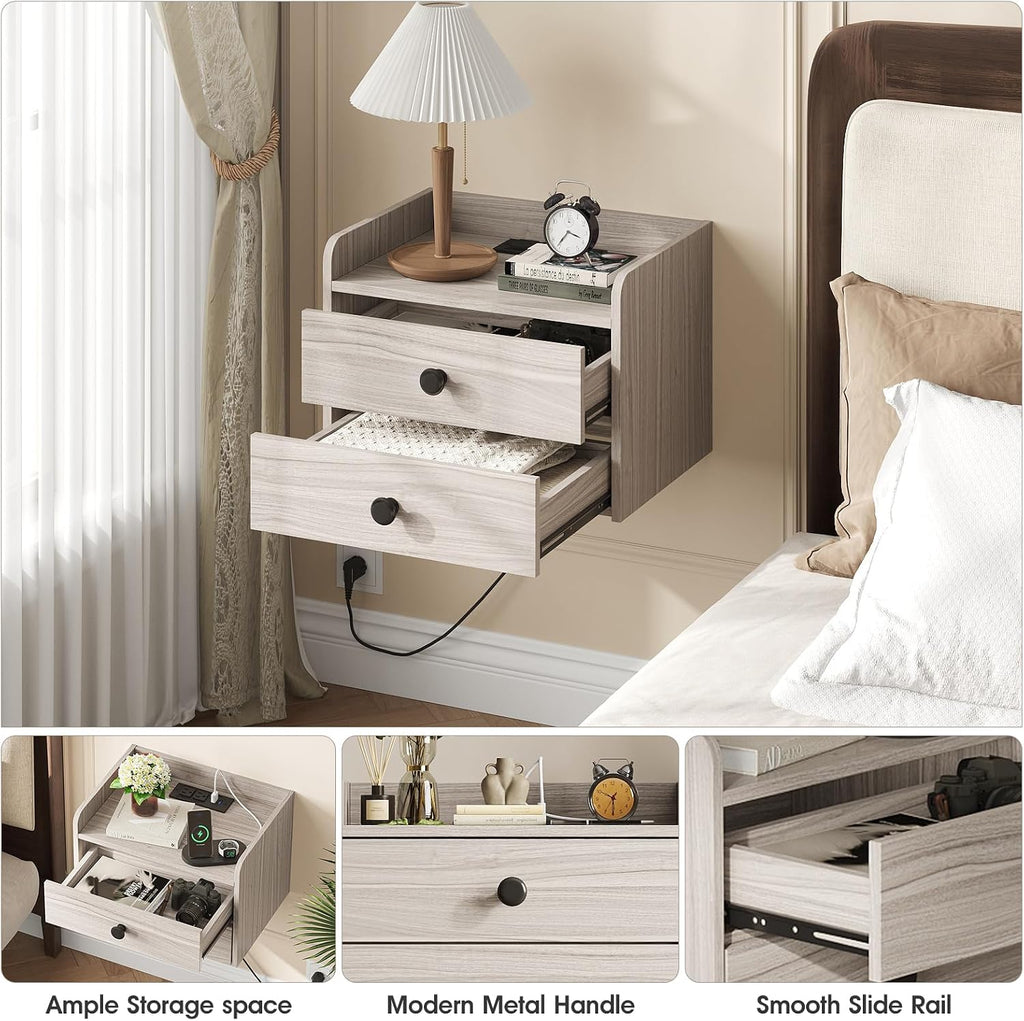 Wood Floating Nightstands With Charging Station