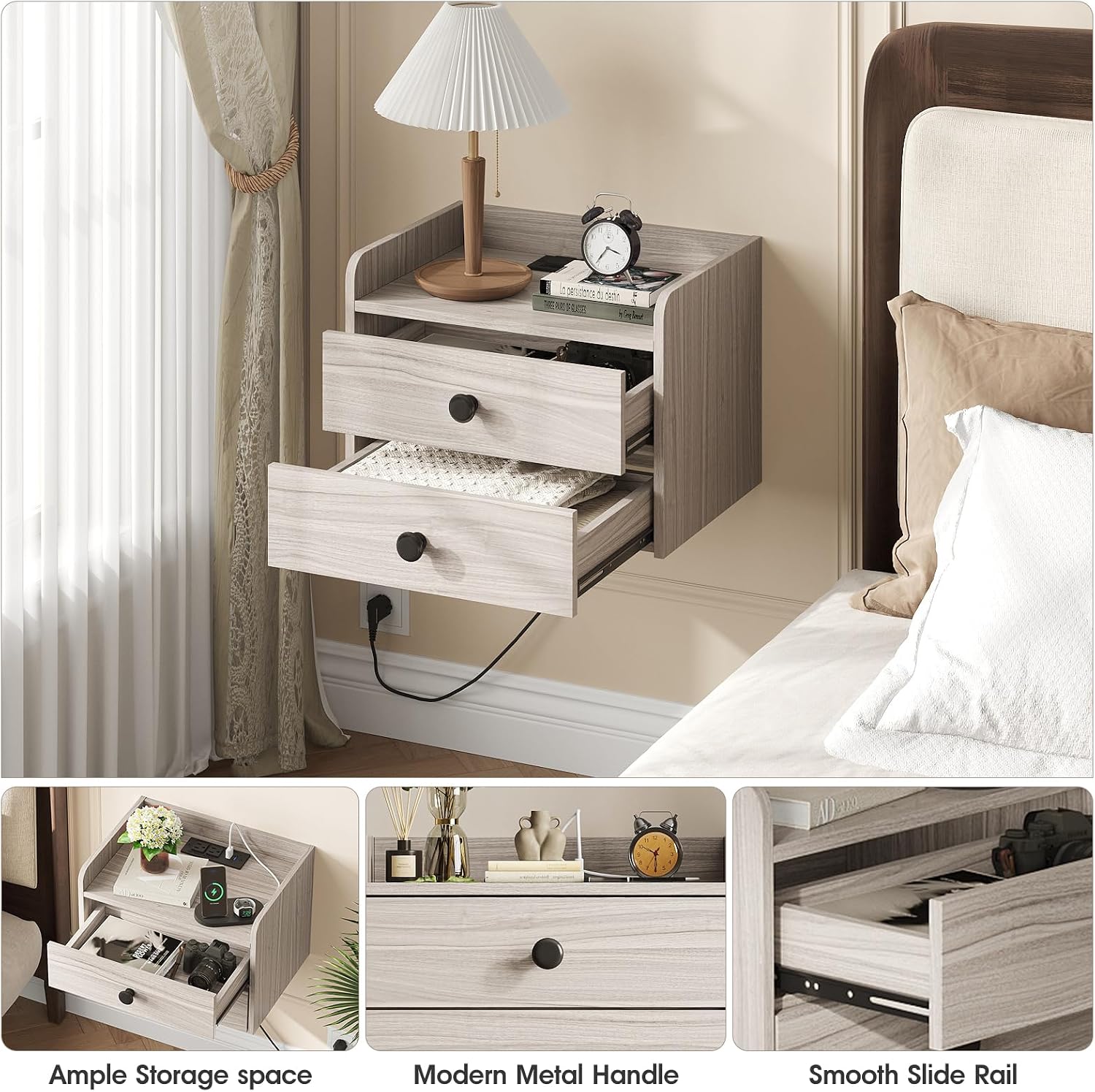 Wood Floating Nightstands With Charging Station