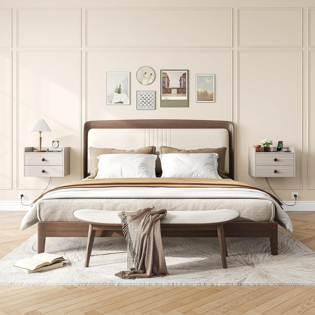 Wood Floating Nightstands With Charging Station