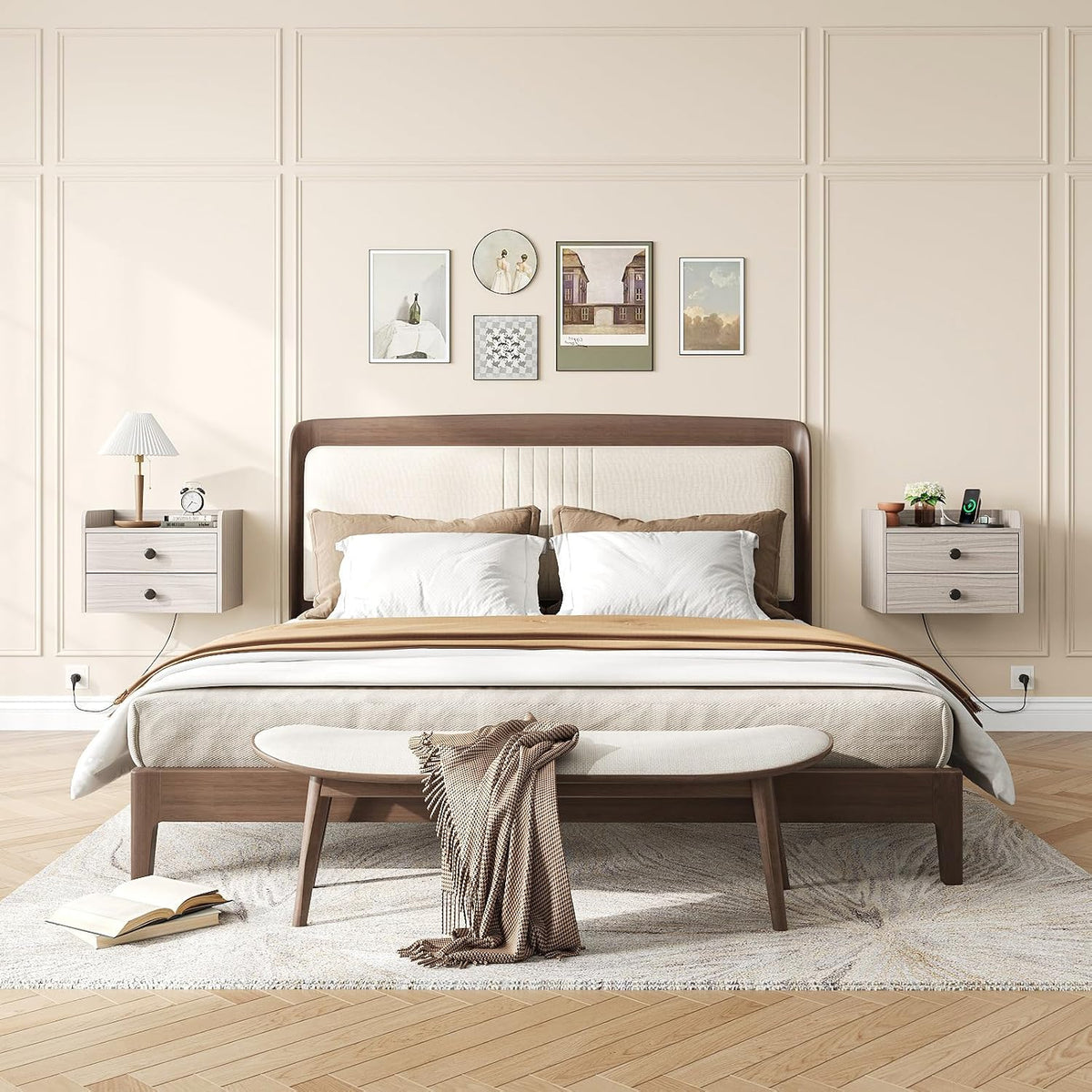 Wood Floating Nightstands With Charging Station
