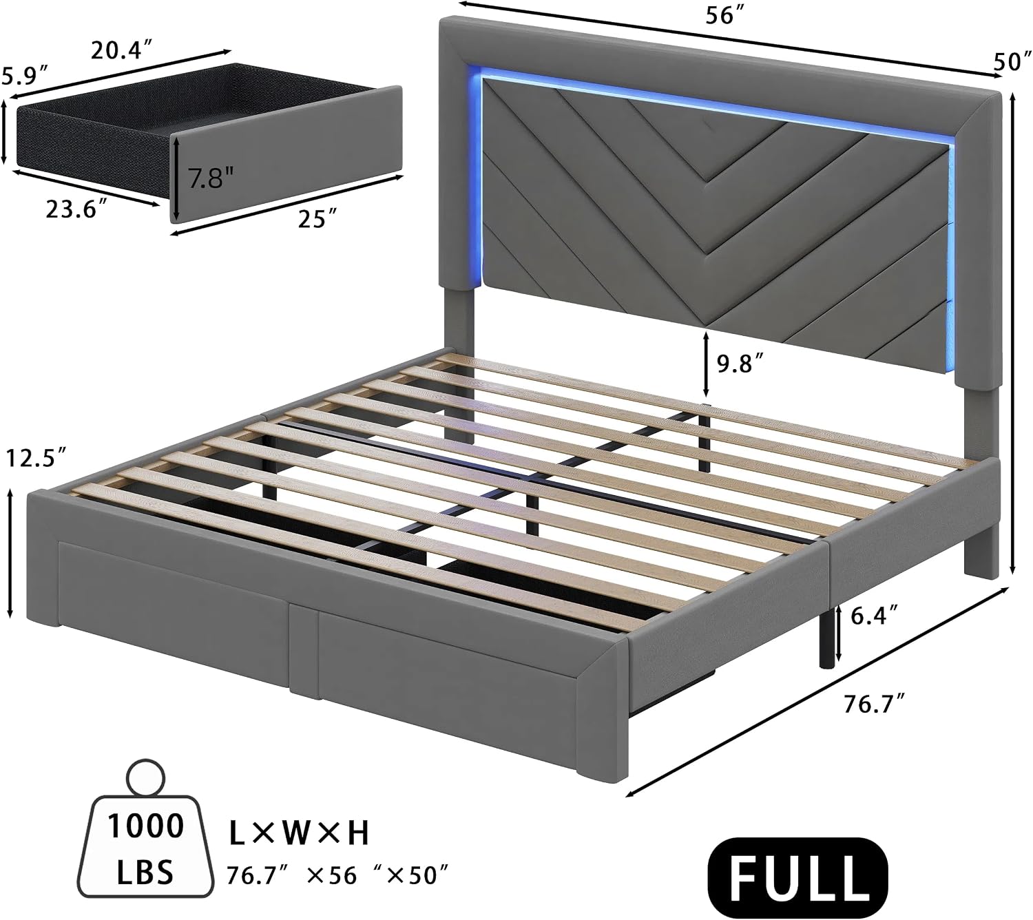Grey LED Storage Full Upholstered Bed Frame