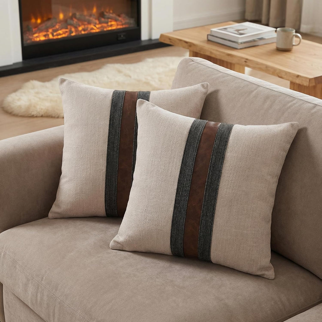 Faux Leather Linen Pillow Covers Set of 2