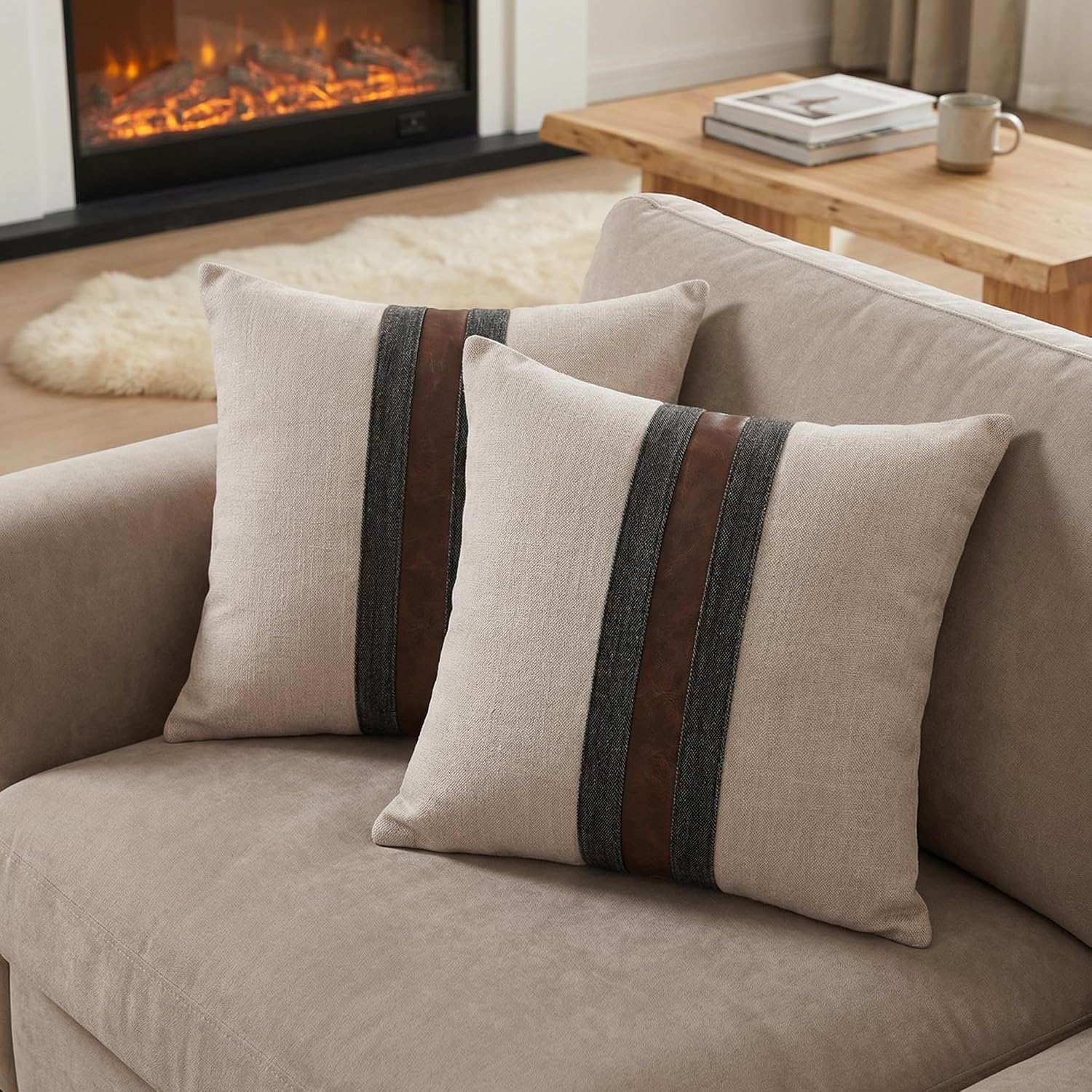Faux Leather Linen Pillow Covers Set of 2