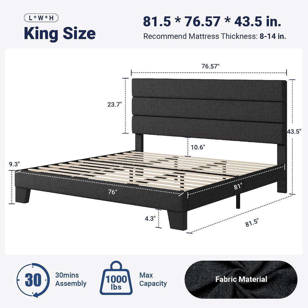Dark Grey King Upholstered Platform Bed Frame