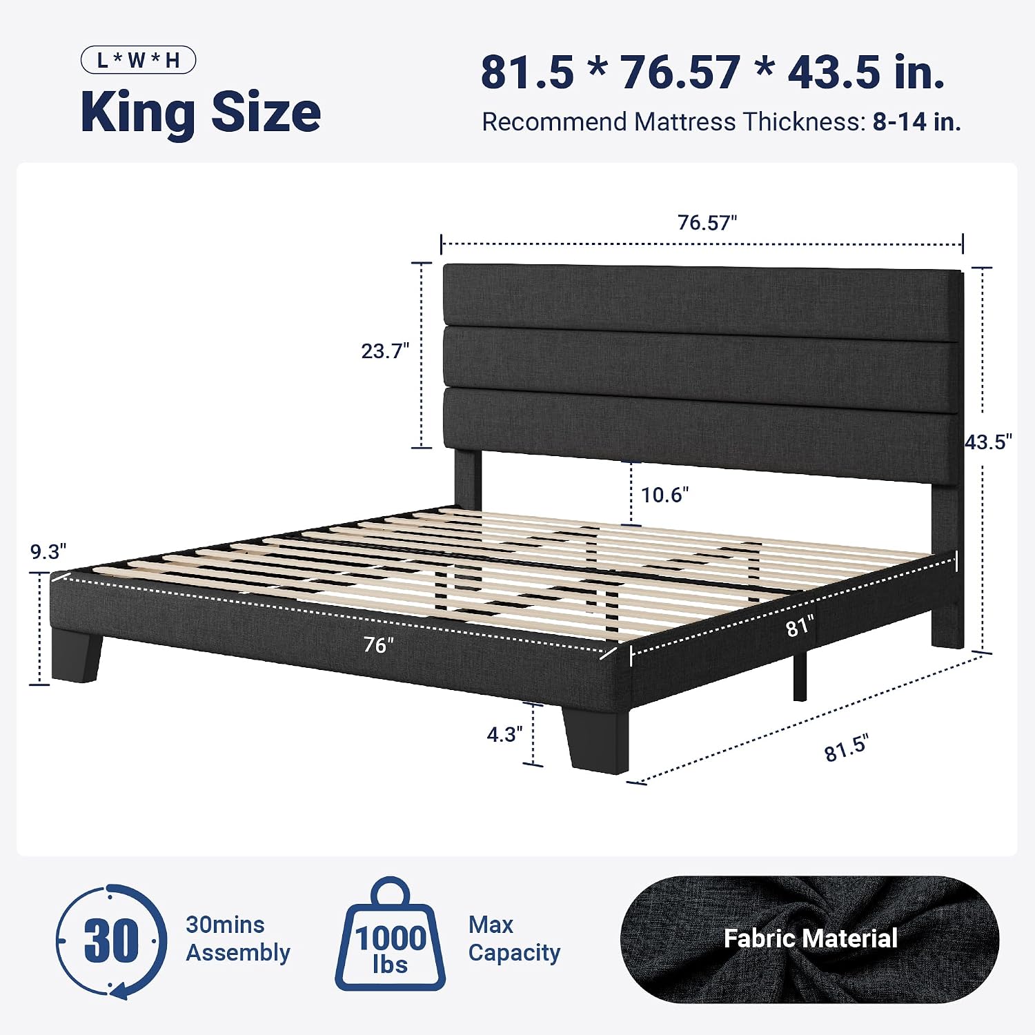 Dark Grey King Upholstered Platform Bed Frame