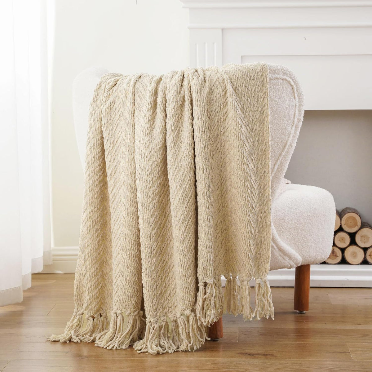 Beige Neutral Knit Decor Throw Blanket