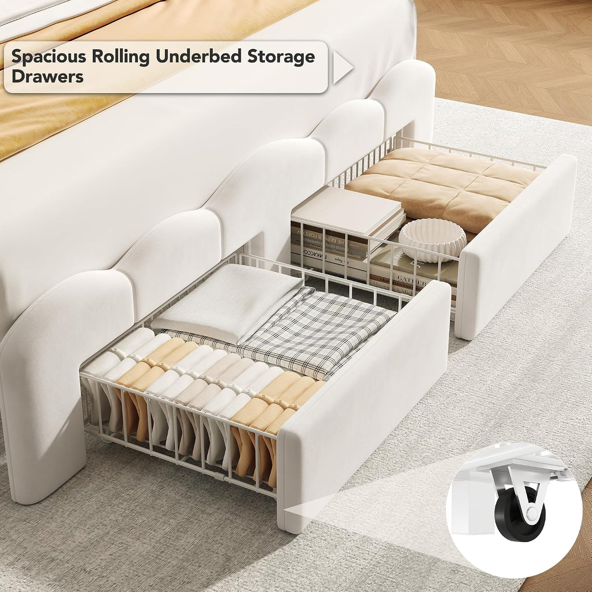 White Velvet LED Storage Full Bed Frame