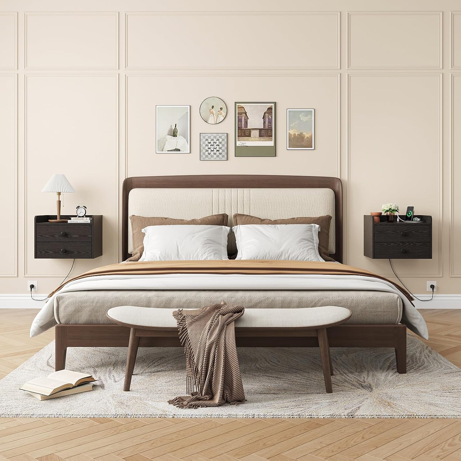 Wood Floating Nightstands With Charging Station