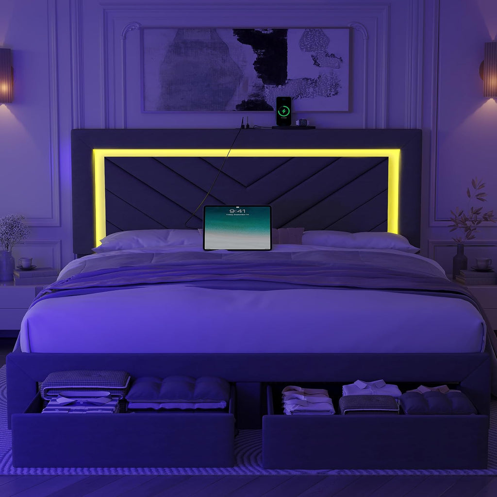 Grey LED Storage Full Upholstered Bed Frame