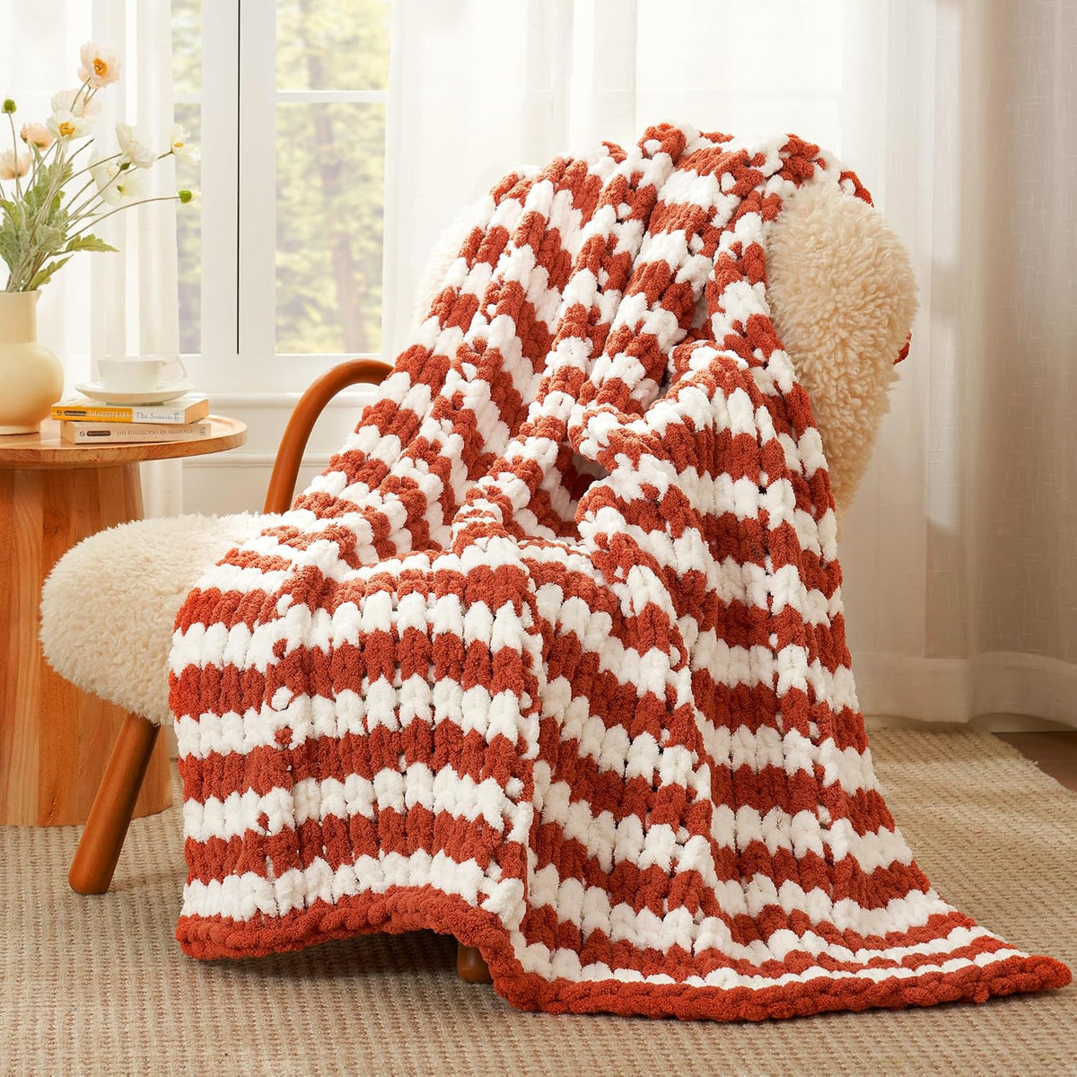 Striped Chunky Chenille Knit Throw Blanket