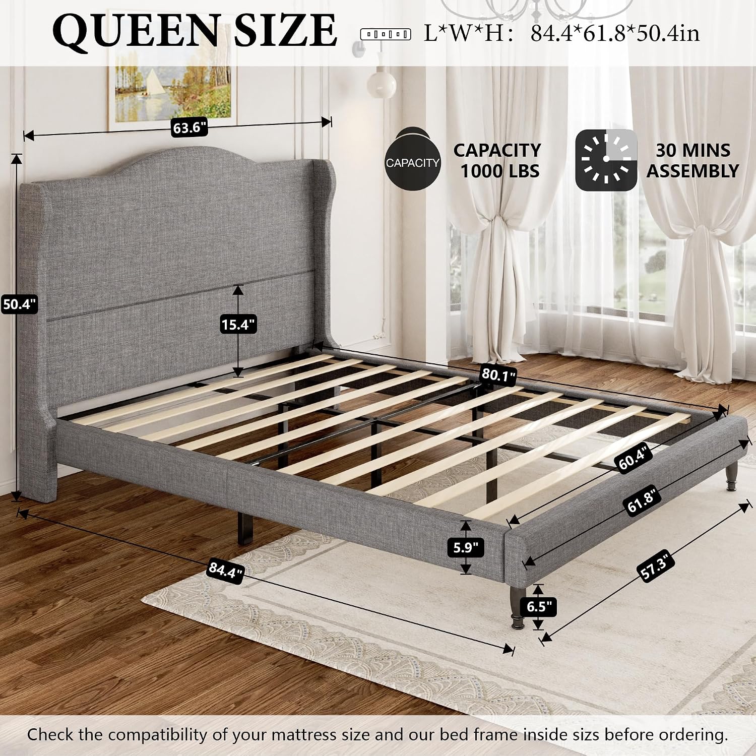 Light Grey Tufted Queen Upholstered Bed Frame