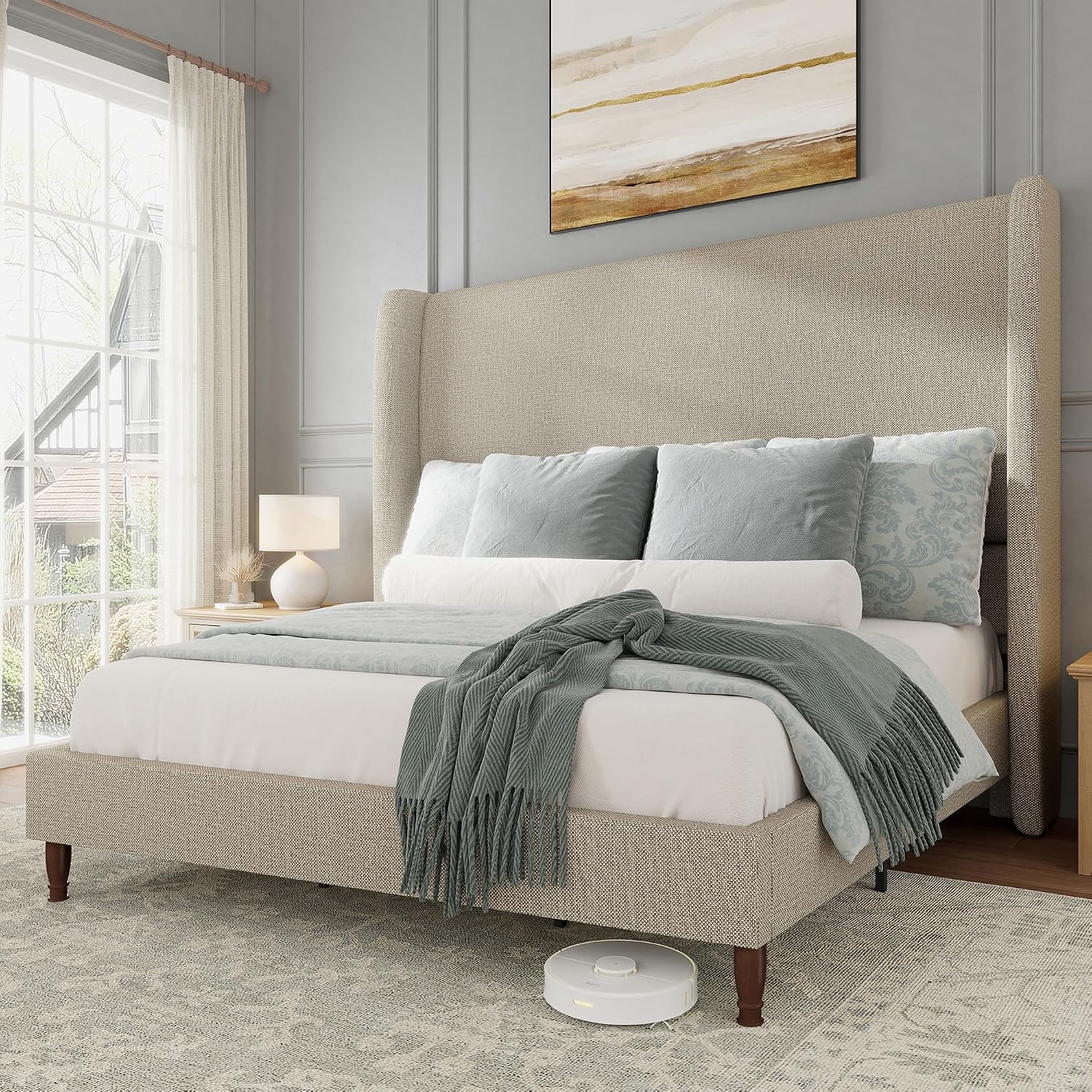 Brown Linen Wingback King Bed Frame