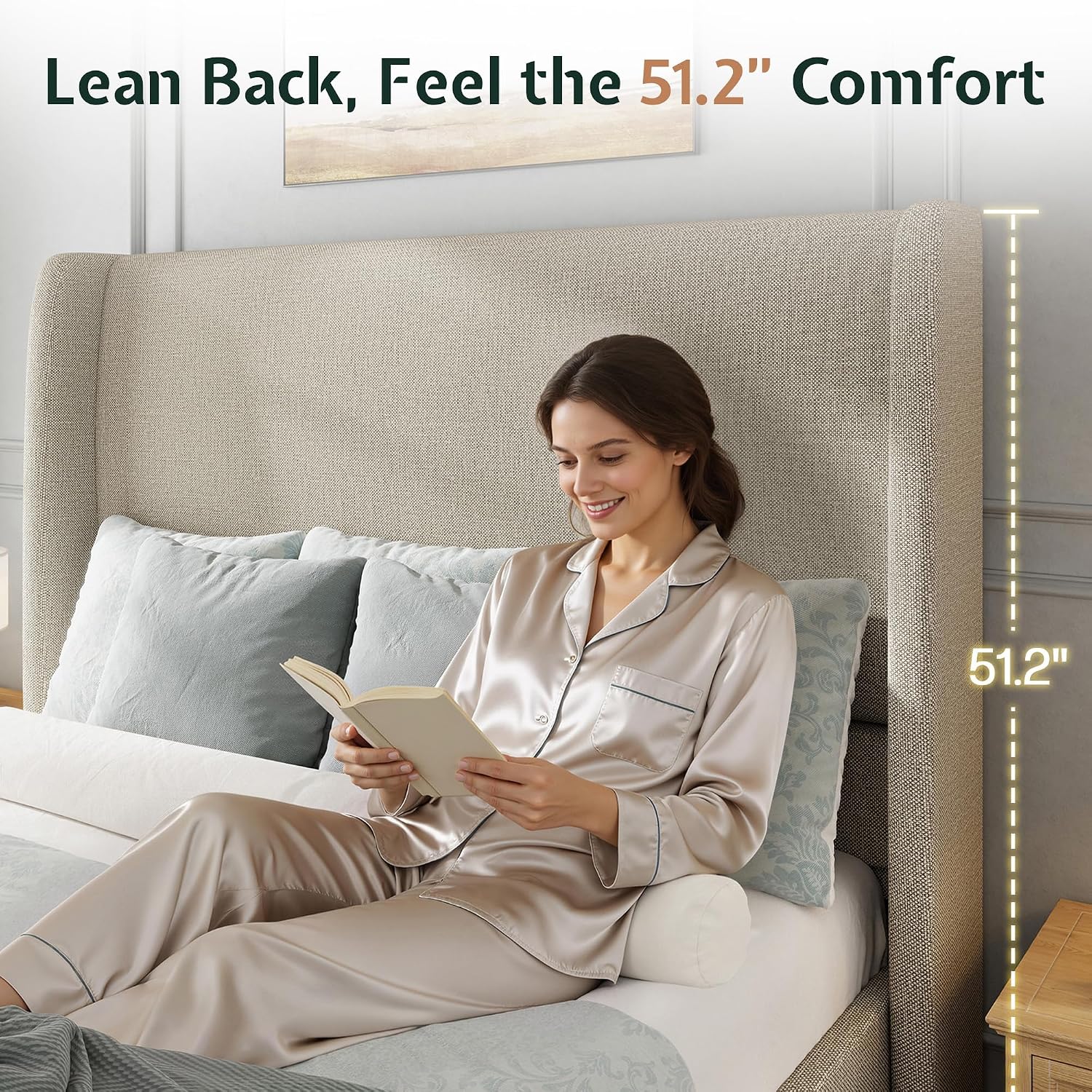 Brown Linen Wingback King Bed Frame