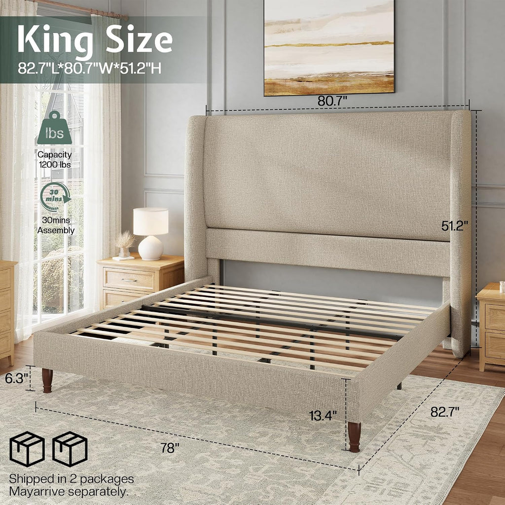 Brown Linen Wingback King Bed Frame