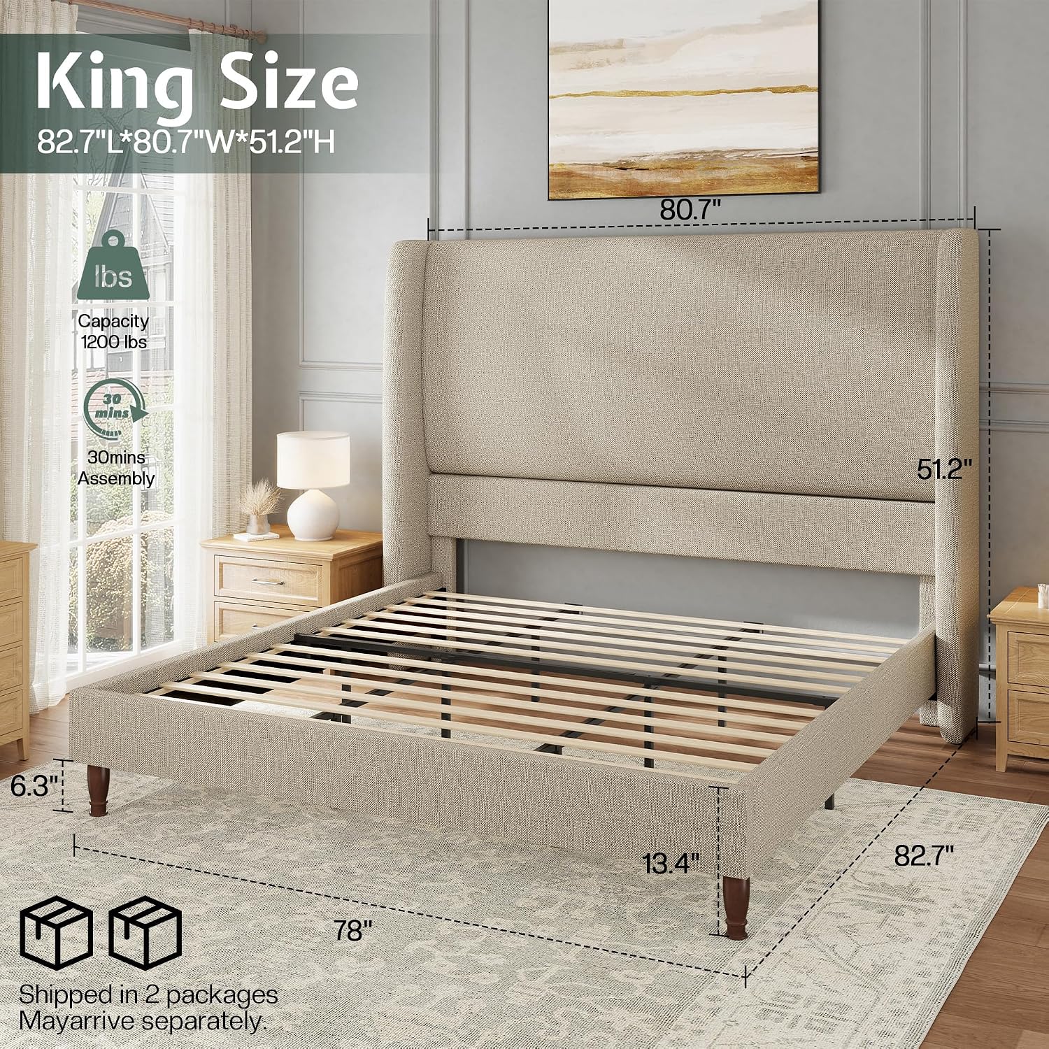 Brown Linen Wingback King Bed Frame