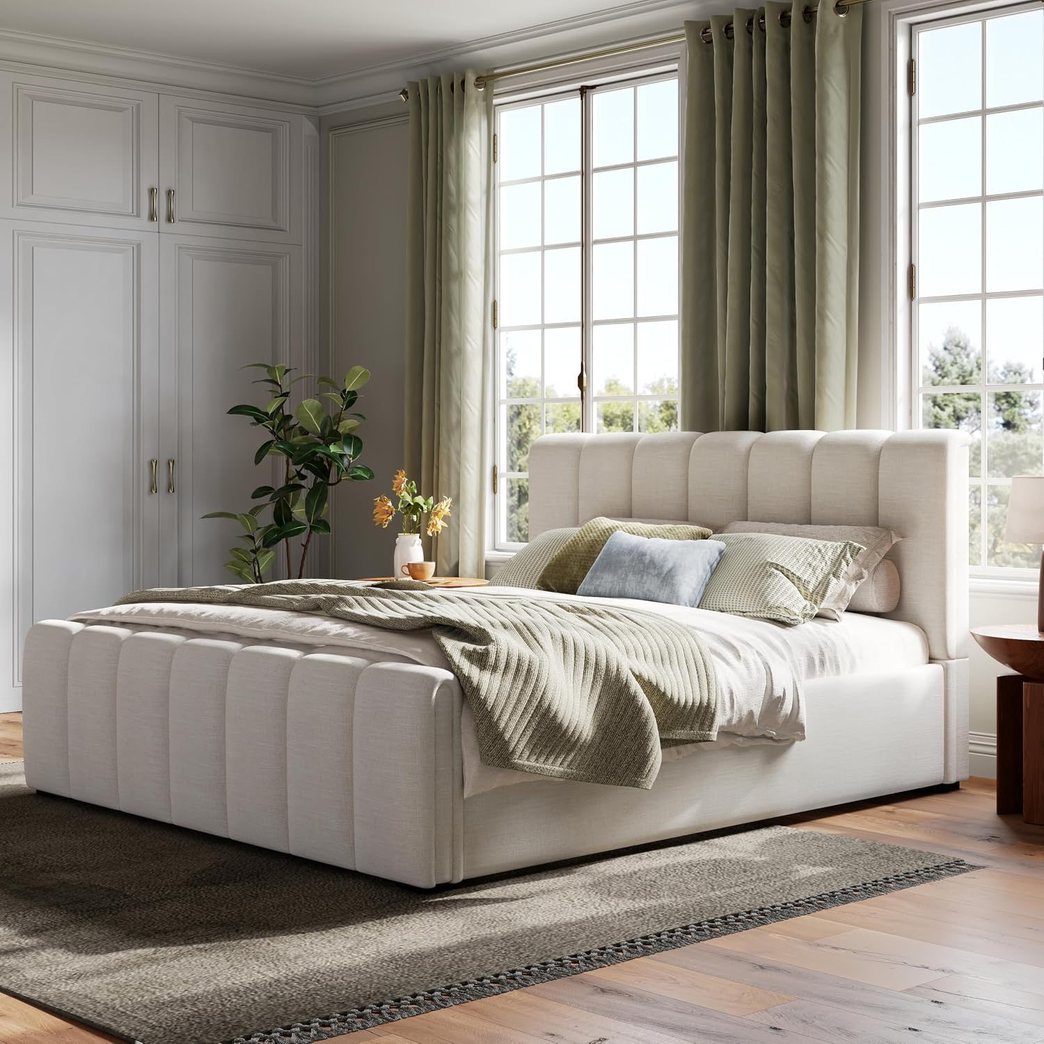 Beige Linen Queen Upholstered Bed Frame